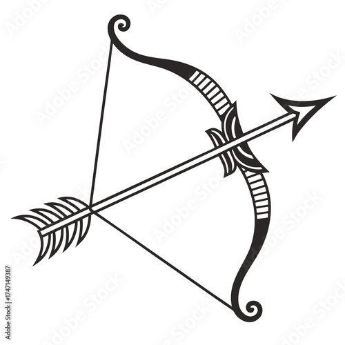 Black bow and arrow graphic with ornate details archery