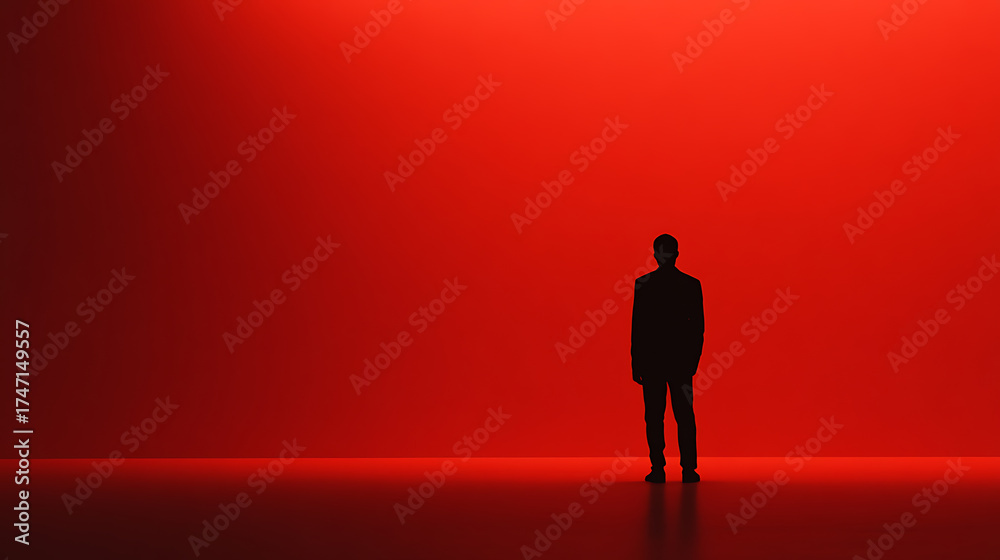 Fototapeta premium Silhouette in Red: An isolated figure stands starkly against a vibrant crimson backdrop, creating a dramatic, minimalist composition.