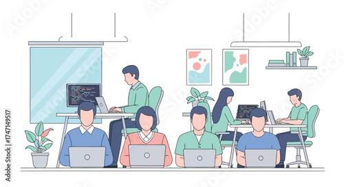 Illustration of diverse team of professionals working collaboratively in modern office environment with laptops