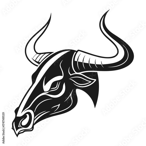 Black bull head graphic with curved horns skull