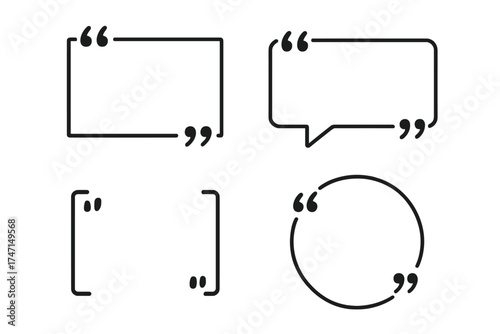 Quote box frame vector icon set. Quotation marks, brackets, speech bubble for comments, testimonials. Dialogue, citation, message or text box template for web design.