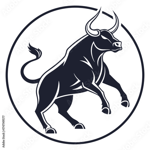Black bull in circular frame white background logo