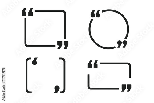 Vector set of text brackets and quote box frames. Creative banner illustration. Quotation marks for testimonials and citations. Simple black icons for messages and dialog.