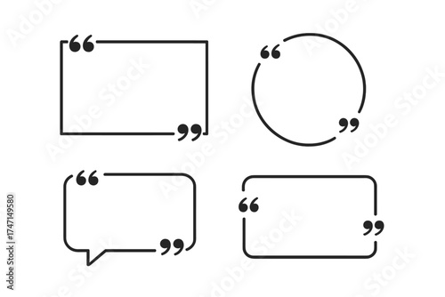 Quote box frame vector set. Text brackets and speech bubble icons. Creative quotation mark borders for citation, message, comment, or testimonial. Dialogue and review template.