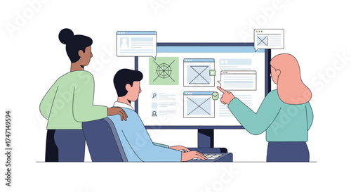 Illustration of team collaborating on digital project with large screen displaying interface design