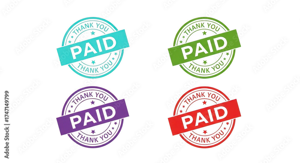 Obraz premium Four colorful paid stamp logos isolated on transparent background for business and payment verification