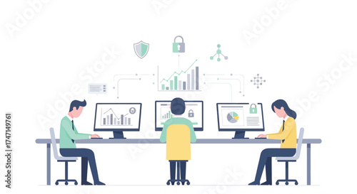 Illustration of team of professionals analyzing data on computers with security and analytics icons