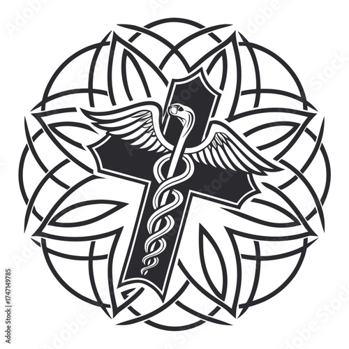 Black caduceus medical cross with abstract circular pattern