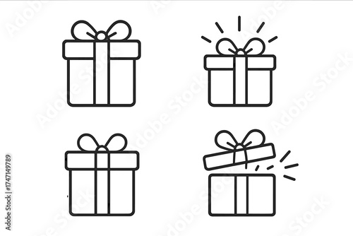 Gift box icon set line art vector. Present package with ribbon bow for birthday, christmas celebration. Open surprise box pictogram. Minimalist outline illustration.