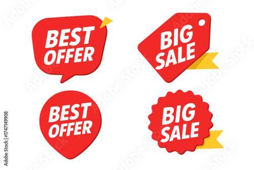 Set of sale banner badge templates. Stickers for best offer price and big sale. Pricing tag design. Limited sales offer label. Store discount banner card. Shopping vector icon set.