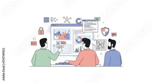 Illustration of team collaborating on digital marketing analytics dashboard with charts and security icons