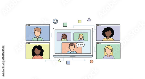 Illustration of diverse group of professionals engaging in virtual meeting on laptop screen with multiple participants