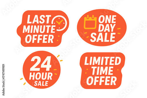 Sale countdown badges and stickers set. Last minute offer banner, one day and 24 hour sale. Shopping limited time offer label. Collection best deal badge with clock icon.