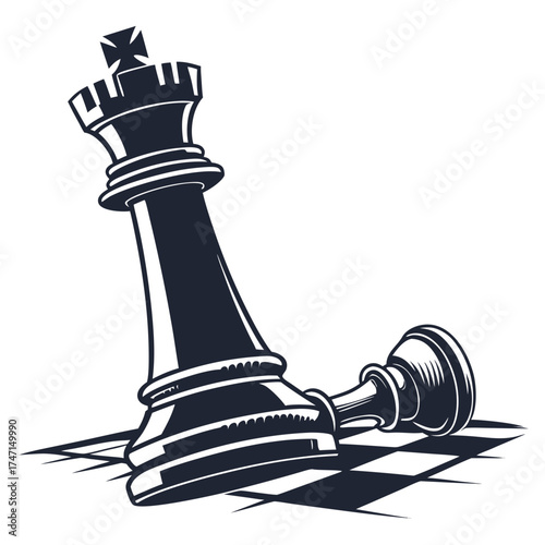 Black chess king and rook silhouette on checkered board