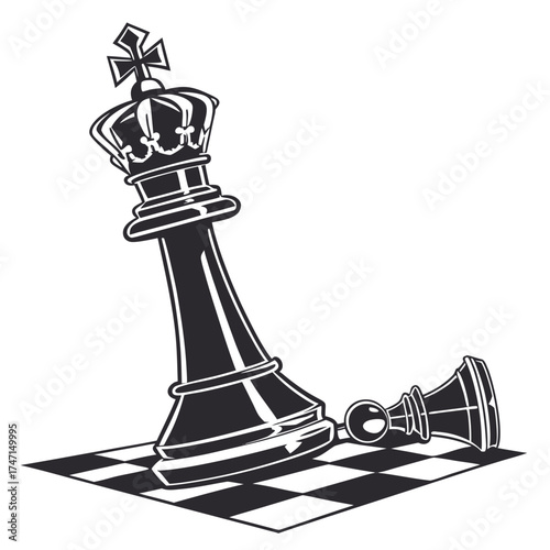 Black chess king piece fallen on white background game