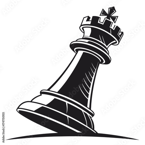 Black chess rook leaning on white background tower