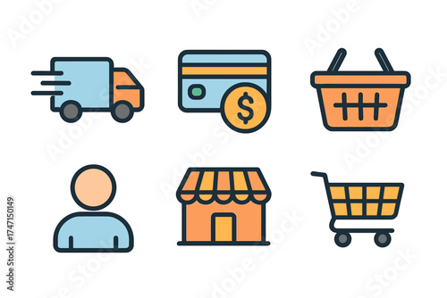 E-commerce shopping line icons set for web and mobile app design. Vector symbols for online store, delivery, payment, basket, cart, customer, shop, retail, business, finance.