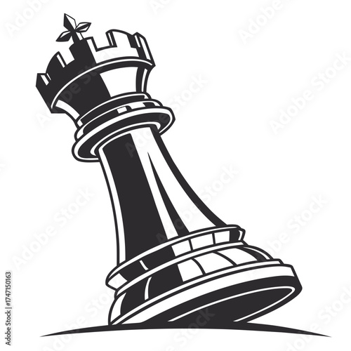 Black chess rook tilted on white background chess piece