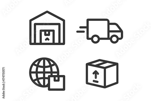 Package delivery icon set. Logistics and shipping line icons. Warehouse, truck, worldwide shipping, cargo box. E-commerce, transport, freight vector symbols for web, mobile.