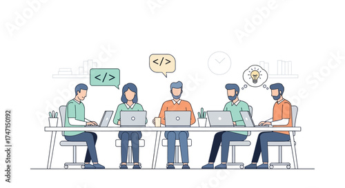 Illustration of diverse team of developers collaborating on coding projects with laptops and code icons