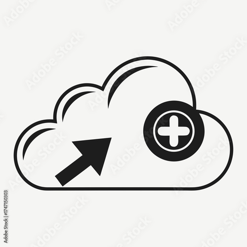 Black cloud with upload arrow and plus symbol vector
