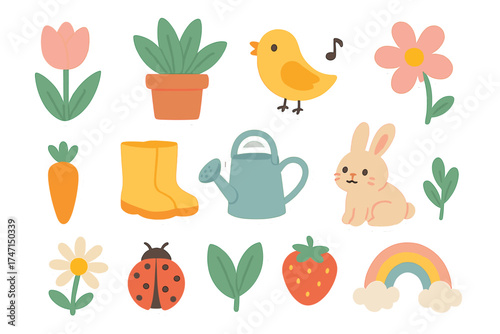 Spring cute stickers set. Garden vector collection. Cartoon flat design pack with flower, plant, bird, bunny, ladybug, carrot, strawberry, boots, watering can, rainbow.