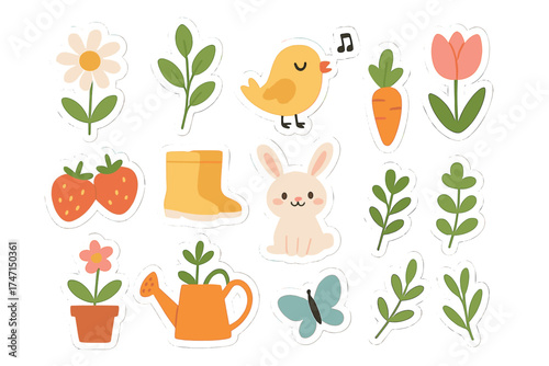 Spring garden sticker collection. Cute cartoon vector icon set with bunny, bird, flower, plant, butterfly, carrot, strawberry, boots. Flat design nature elements for Easter.