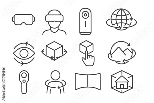 Virtual reality thin line icons. VR, AR, and metaverse technology symbols. Set includes headset, 360 degree view, controller, and augmented reality glasses for web and app UI.