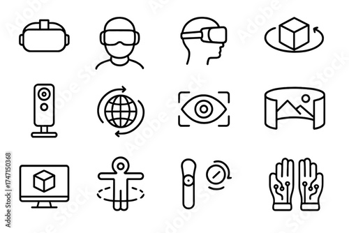 Virtual reality thin line icon set. VR technology outline vector icons for web and mobile apps. Includes headset, 360 camera, controller, haptic gloves and metaverse symbols.