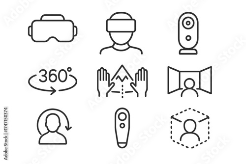 Virtual reality thin line icons set. VR and AR technology symbols. Metaverse, 360 degree, headset, controller, and augmented reality pictogram for web and mobile app UI.