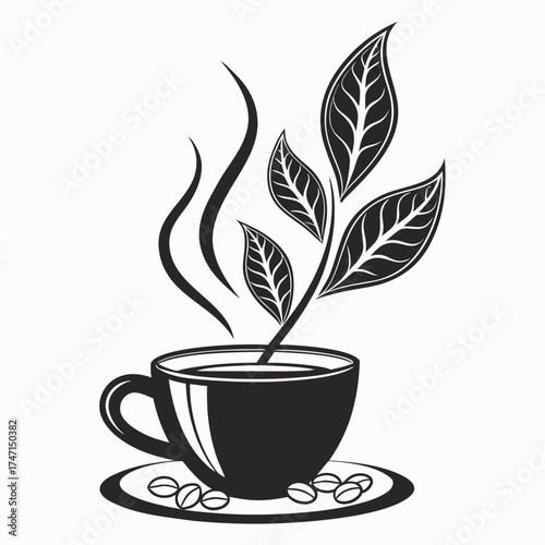 Black coffee cup with leaves and steam logo saucer