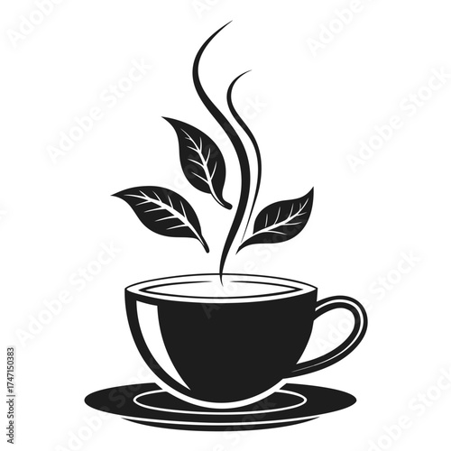 Black coffee cup logo with steam and leaves saucer