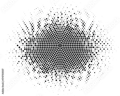 Black halftone circular dotted burst texture forming abstract radial gradient pattern for minimal modern poster wallpaper and creative graphic layout