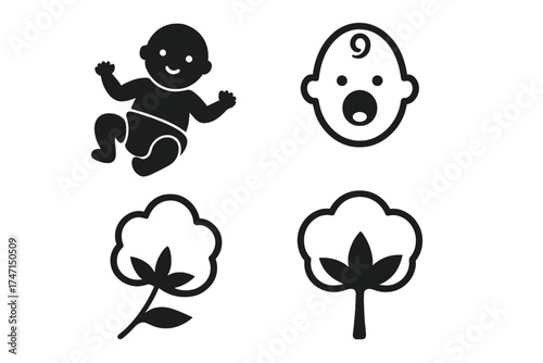 Baby and cotton icon set. Vector symbols for natural, organic products. Infant, newborn, and child care concept. Soft fabric, textile material. Simple pictogram collection.