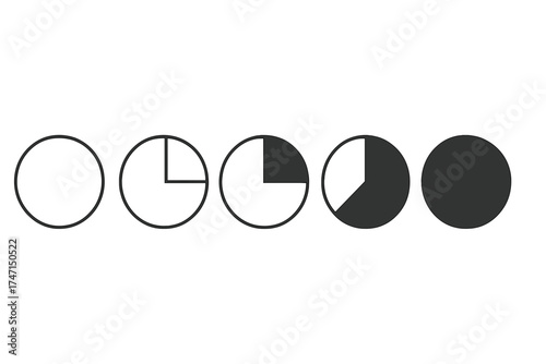 Vector illustration of an ordered set of five pie charts progressing from empty to fully filled, transparent background, minimalist style, data visualization concept, business infographic elements
