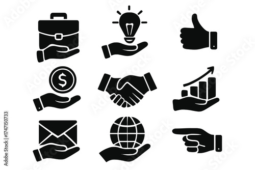 Hand Icons Set with Business Elements, Global Concept, Growth Chart, Innovation, Communication, Money, Agreement, and Approval Symbols in Vector Illustration with Transparent Background