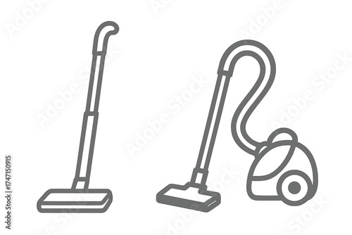 Set of simple vector illustrations of two types of vacuum cleaners with transparent background, modern household cleaning equipment icons, minimal line art, home appliances