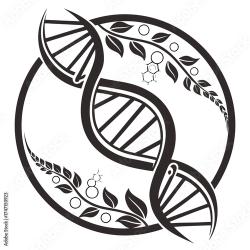 Black D N A double helix with leaves and circles on white background