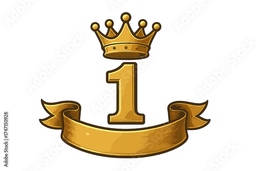 Golden number one with crown and ribbon badge. Victory first place award, champion emblem, winner badge, gold medal, success, achievement concept, prize icon, luxury banner