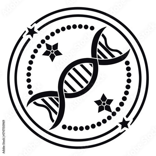 Black D N A helix circular logo with stars and dots