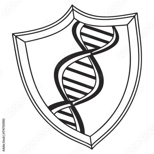 Black D N A helix inside a shield outline on white