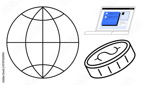 Globe, computer screen with chat interface, and coin addressing online communication, global finance, technology. Ideal for business, e-commerce, networking, global access digital economy finance
