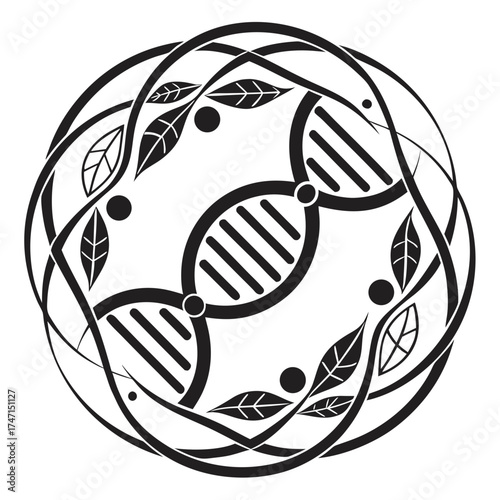 Black D N A helix with leaves and circles in circular pattern