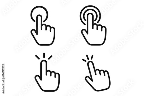 Set of four vector hand icons clicking, tapping, pressing buttons, touchscreen interaction, finger gestures, UI and UX symbols, digital technology, transparent background