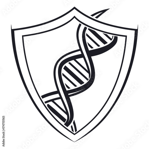 Black D N A strand inside shield logo graphic helix