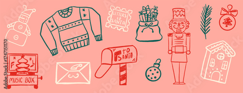 Christmas holiday set in naive style.  New Year's elements,  mailbox, Xmas tree ornament, music box and nutcracker. Vector festive doodle elements.