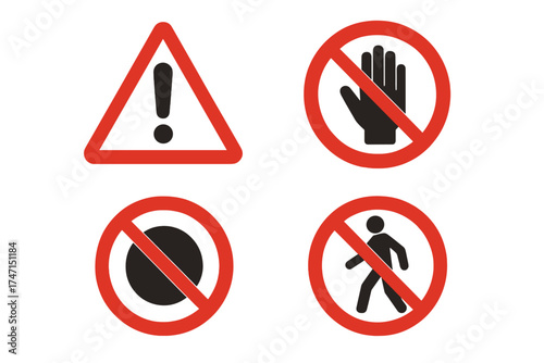 Set of warning and prohibition signs vector illustration with transparent background, safety icons with red borders and black symbols, no entry, no walking, caution, restricted access symbols