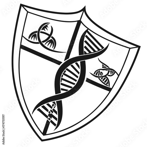 Black D N A strand shield logo on white background