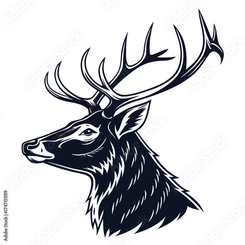 Black deer head with antlers graphic illustration stag