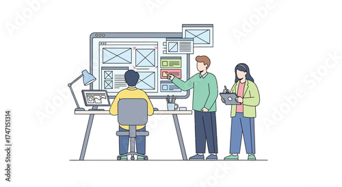 Illustration of team collaborating on web design project with wireframes and digital devices